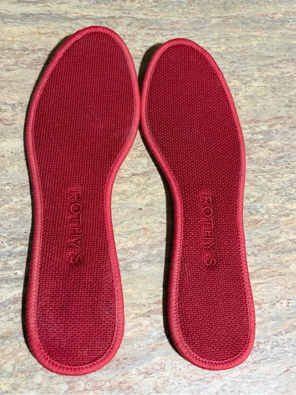 Rothy’s Grey Knit Ballet Flats with Red Insole and Blue Trim